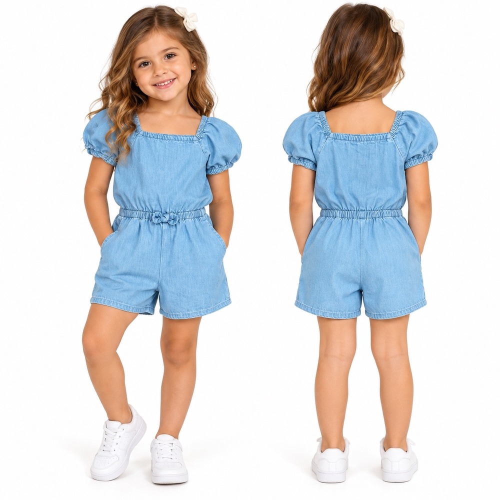 Cat & Jack Girls Light Wash Blue Chambray Romper Size 5T Puff Sleeve Cotton